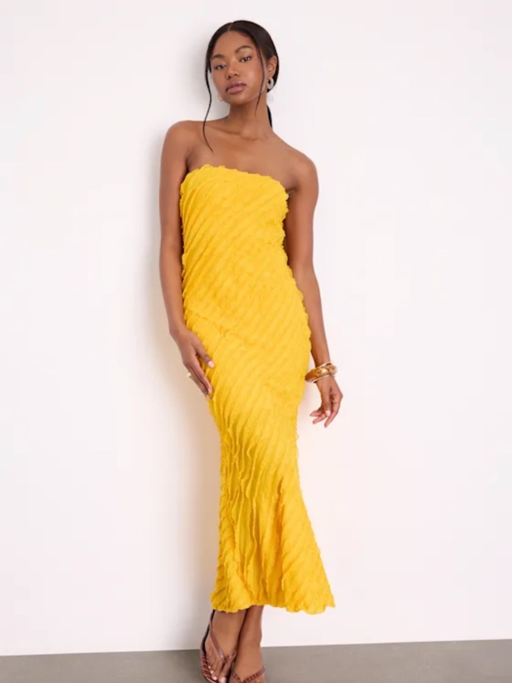 NWT Lulus Faelyn Yellow Strapless Ruffled Midi Dress Womens Size Large